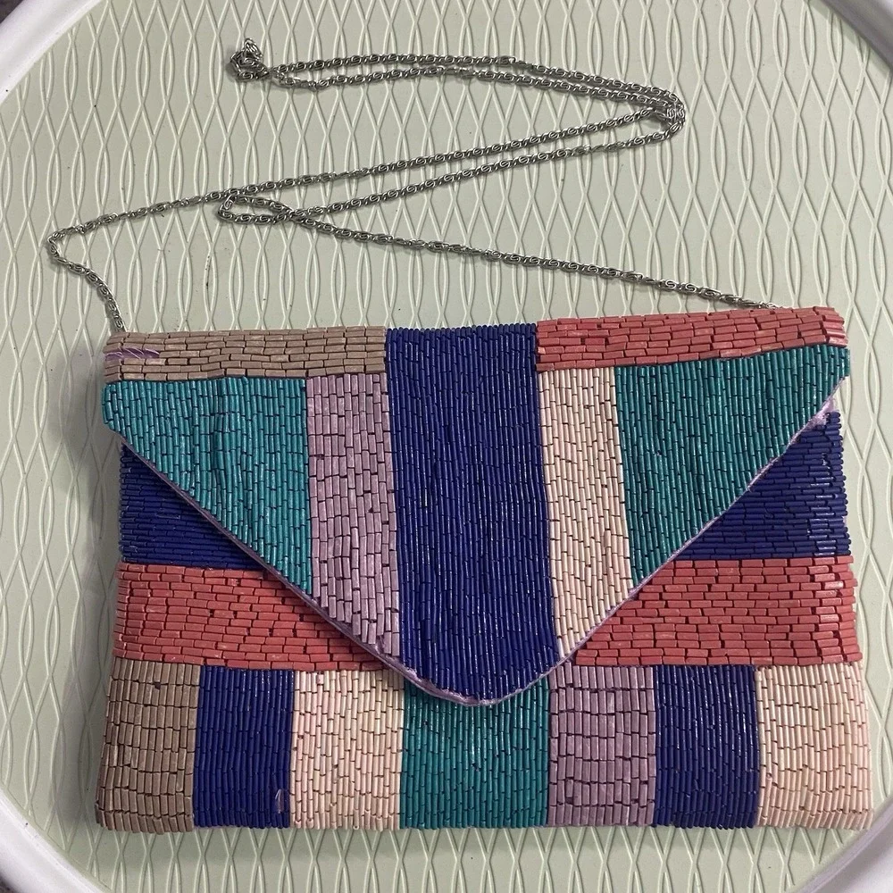 Vintage LA REGALE Beaded Multicolor Evening Small Bag Clutch Purse, Satin Lining